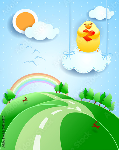 Fantasy landscape with cute chick and heart