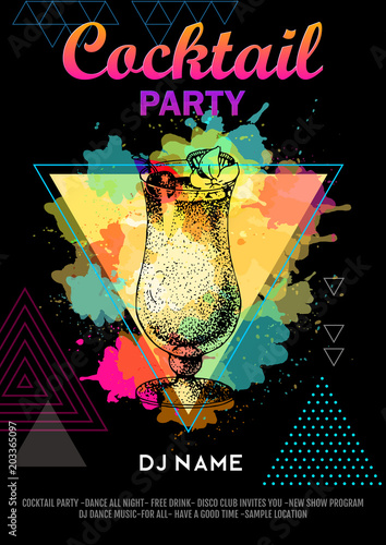 Cocktail pina colada on artistic polygon watercolor background. Cocktail disco party poster