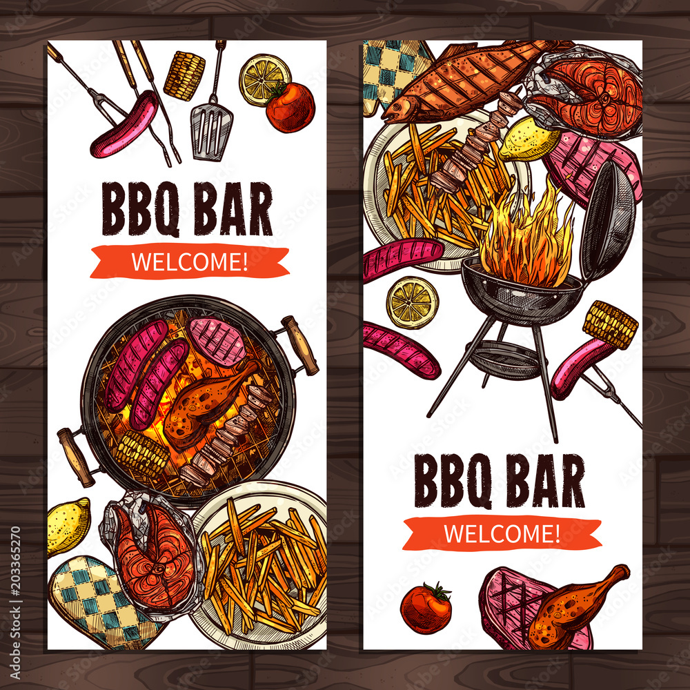 Bbq Grill Party Color Sketch Hand Drawn Vertical Banners Stock Vector ...