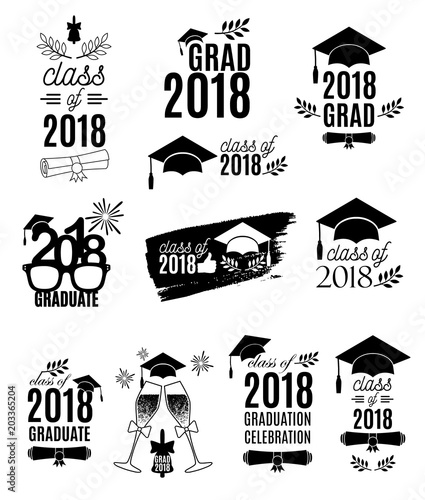 Graduate 2018 labels design set. Concept for shirt, print, seal, overlay, stamp, greeting card, invitation. Vector sign or logo. All isolated and layered