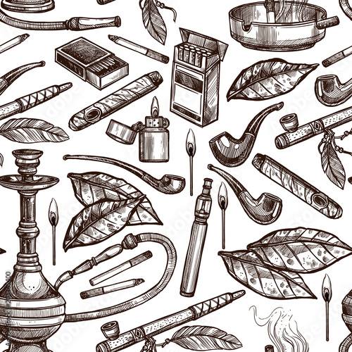 Tobacco And Smoking Sketch Seamless Hand Drawn Monochrome Pattern