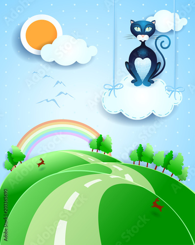 Fantasy landscape with black cat over the cloud