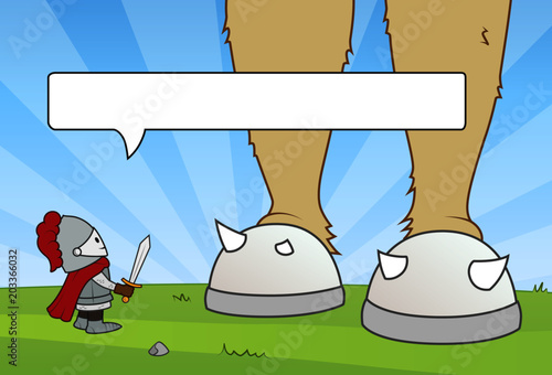 A little knight is talking to a giant on a green meadow, which has hooves like a Minotaur
