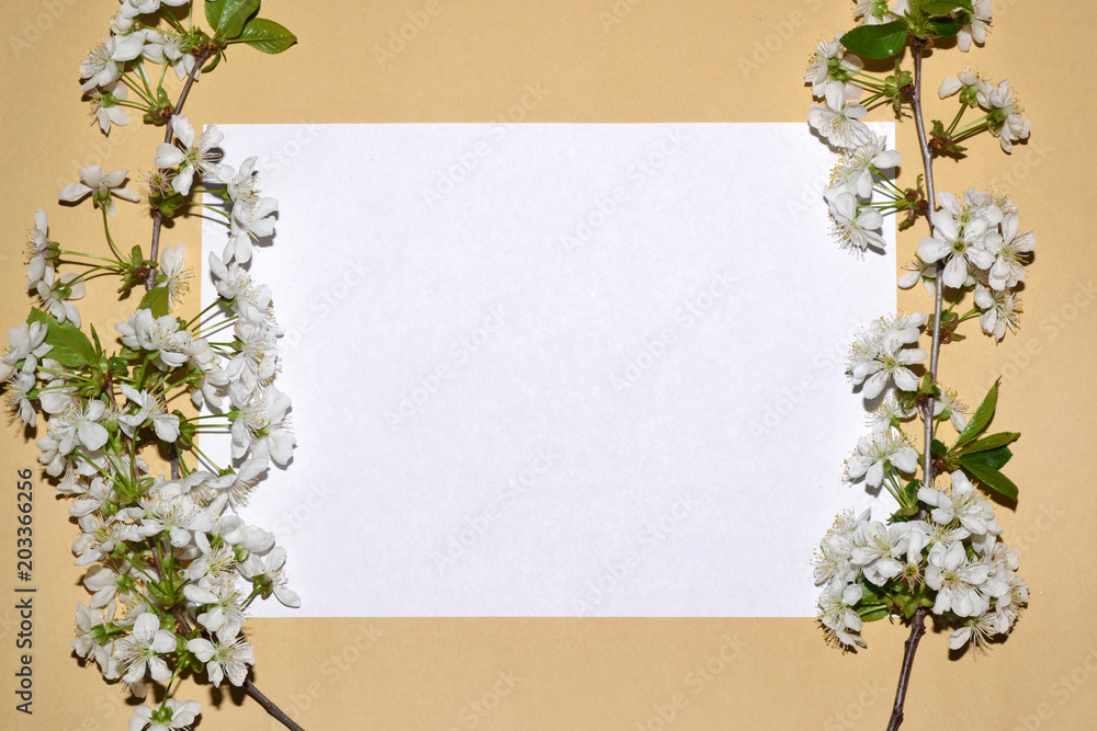 Fototapeta premium Place for text on white landscape sheet, framed with fresh spring flowers on brown background.