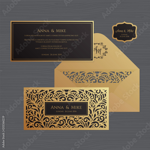 Wedding invitation or greeting card with vintage ornament. Paper lace envelope template. Wedding invitation envelope mock-up for laser cutting. Vector illustration.