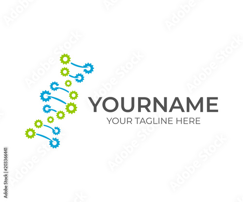 DNA from gears, molecular biology, genetics and engineering, logo template. Artificial intelligence, innovation and technology, vector design. Science and medicine, illustration