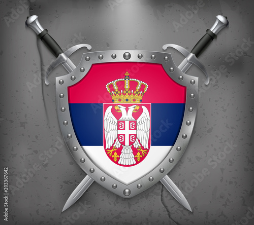 Flag of Serbia. The Shield with National Flag. Two Crossed Swords. Medieval Background