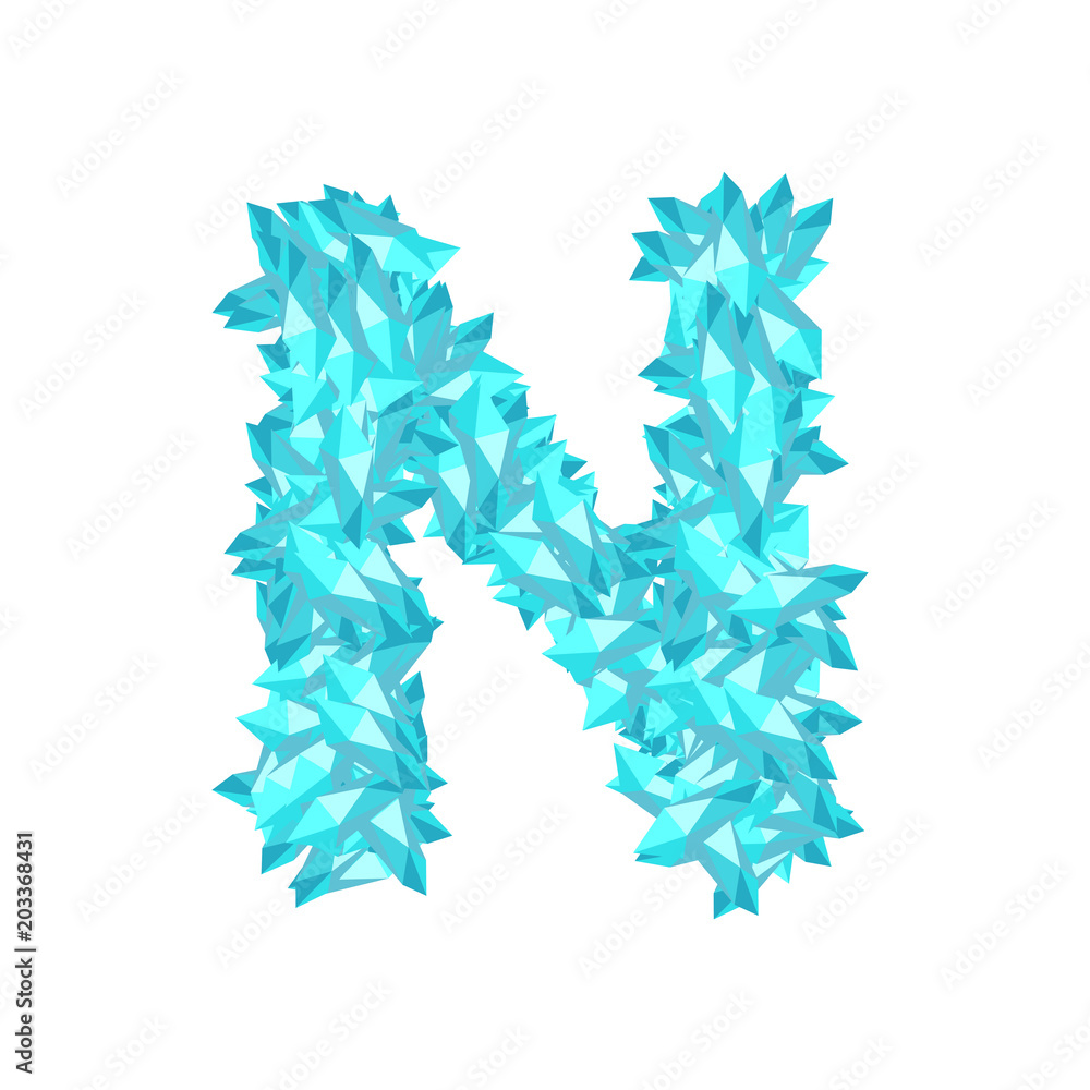 Alphabet Crystal diamond 3D virtual set letter N illustration Gemstone concept design blue color, isolated on white background, vector eps 10