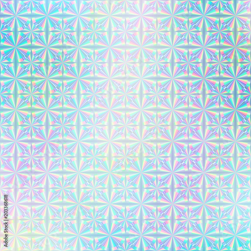 Holographic paper. Hologram sticker texture. Multicolor background. Geometric texture. Trendy backdrop. 80s. 90s. Certificate label. Quality emblem background.