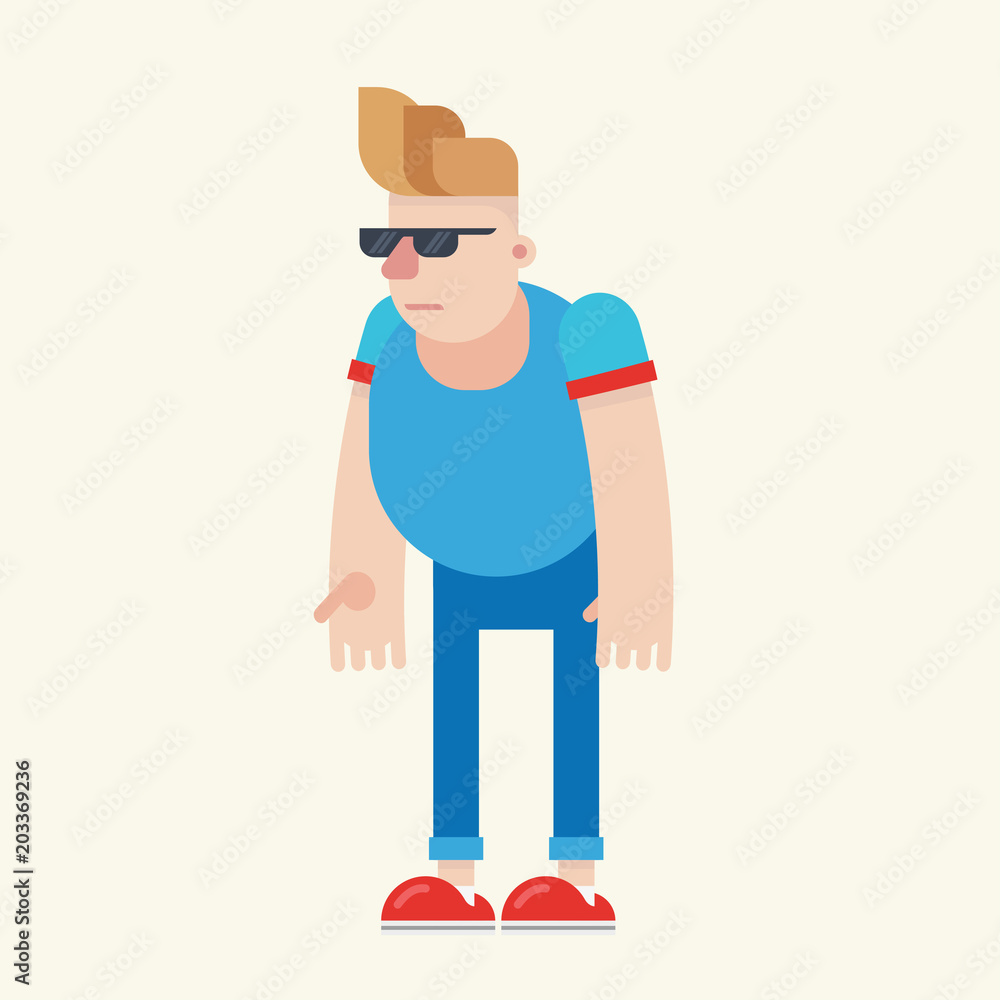 Big Blonde Haircut Guy with Sunglasses, Blue Jeans and Red Shoes. Strong  Man. Funny Flat Colorful Rounded Male Cartoon Character. Stock Vector |  Adobe Stock