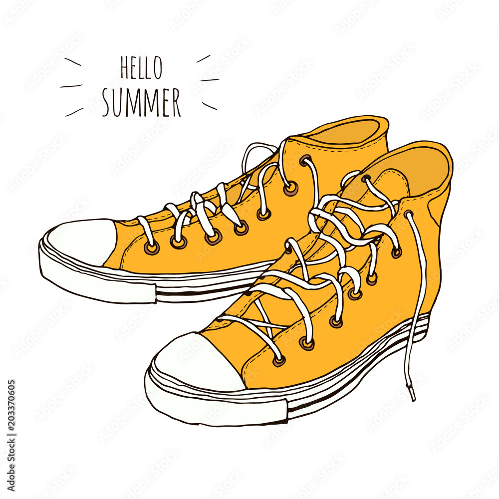 Yellow hand drawn vintage hipster sneakers isolated on white background.  Vector illustration, sketch style shoes, fashion design icon. Hello summer.  Stock Vector | Adobe Stock