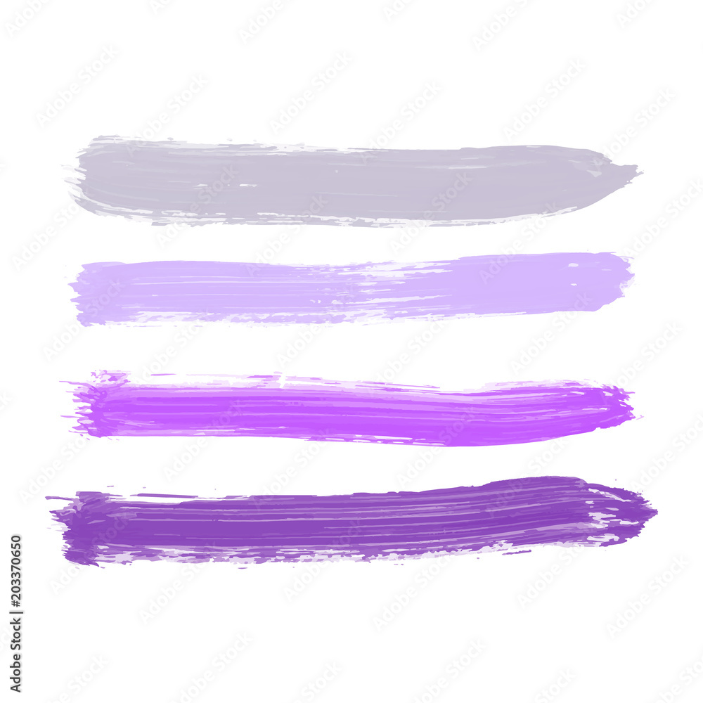 Set of gray, purple, lilac, lavender, violet watercolor hand painted stripes isolated on white background. Collection of vector acrylic dry brush stains, strokes, geometric horizontal lines.