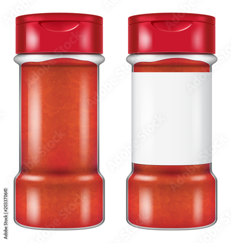 Bottle of chili powder in two versions: with and without a blank label. Vector illustration.