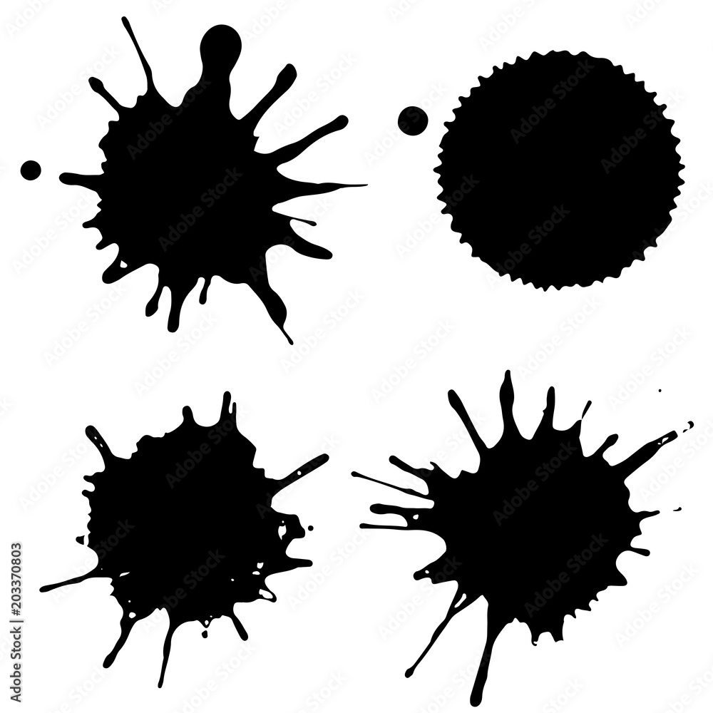 Black ink paint spots. Drops texture isolated on white background. Set for grunge splash textures. Vector illustration. Black ink paint spots. Drops texture isolated on white background. Set for grunge splash textures. Vector illustration.