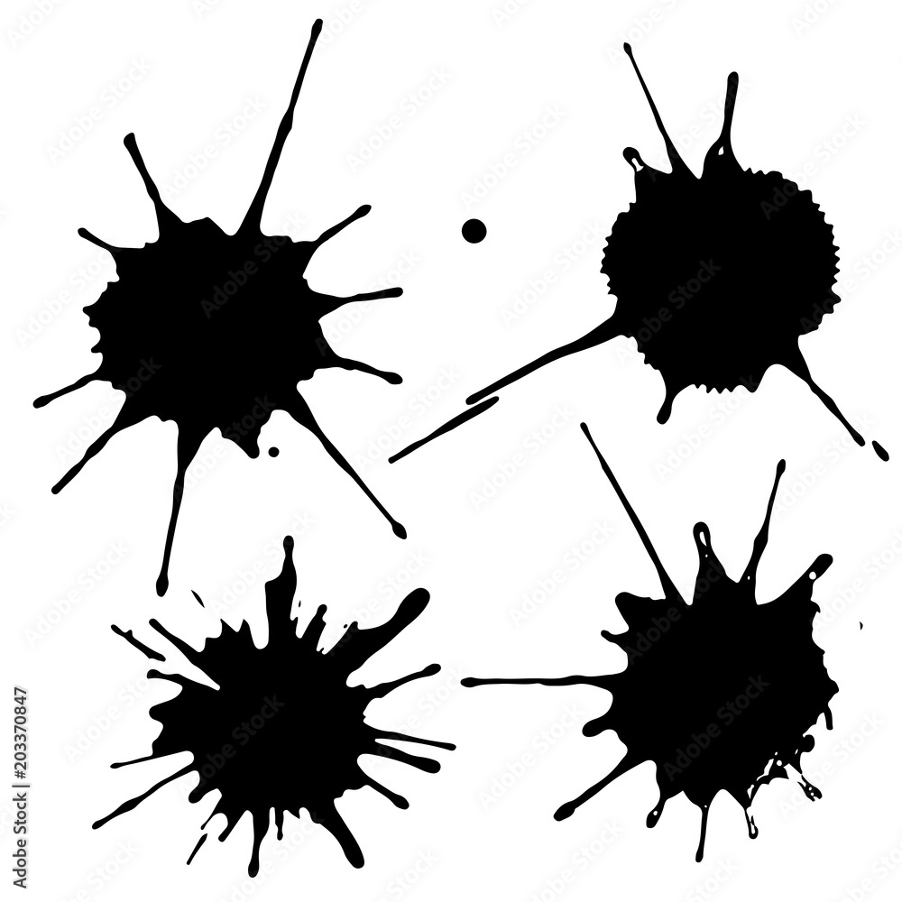 Black ink paint spots. Drops texture isolated on white background. Set for grunge splash textures. Vector illustration.