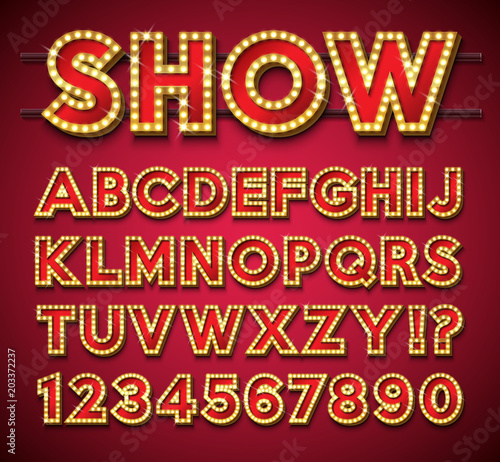 Light Bulb Alphabet with gold frame and shadow on red backgrond. Glowing retro vector font collection with shiny bright lights. ABC and number design for casino, night club or cinema. Layered