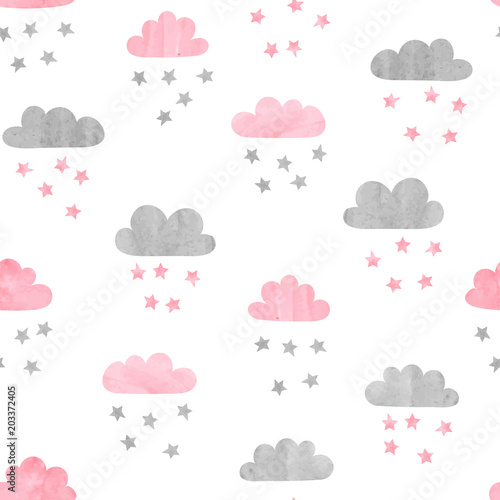 Seamless watercolor clouds and stars pattern. Vector illustration.