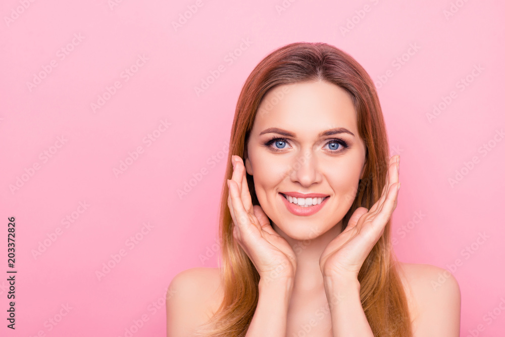 Perfect soft flawless purity ideal salon lotion apply smear peeling wellness wellbeing femininity concept. Close up portrait of stunning attractive romantic lady with toothy smile isolated background Perfect soft flawless purity ideal salon lotion apply smear peeling wellness wellbeing femininity concept. Close up portrait of stunning attractive romantic lady with toothy smile isolated background