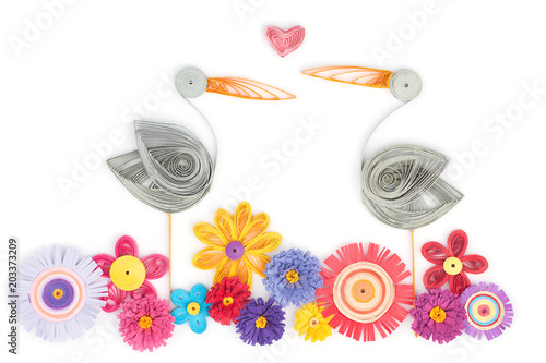 quilling with storks and flowers