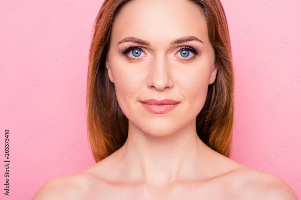 Blonde hair clean clear body wash stylish trend style natural make up maquillage visage concept. Close up portrait of beautiful charming lady with expression lines corners of eyes isolated background