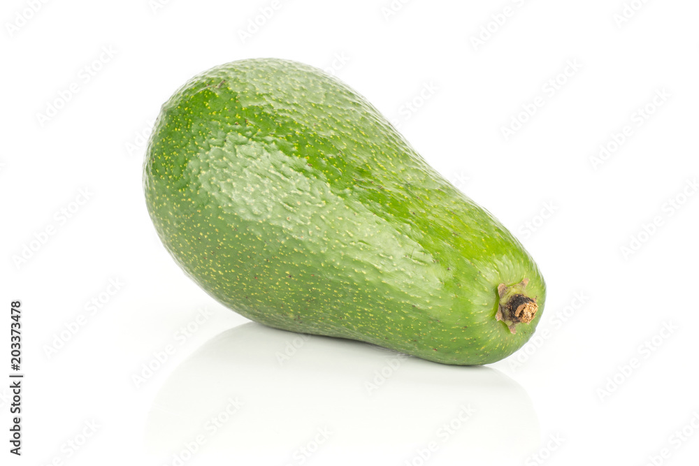 One green smooth avocado isolated on white background ripe bacon variety. One green smooth avocado isolated on white background ripe bacon variety.