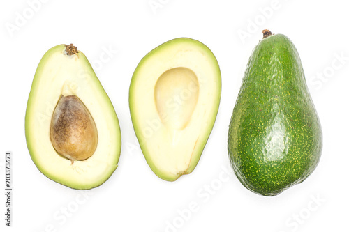 Green smooth avocado collection top view isolated on white background bacon variety one whole two section halves seed.
