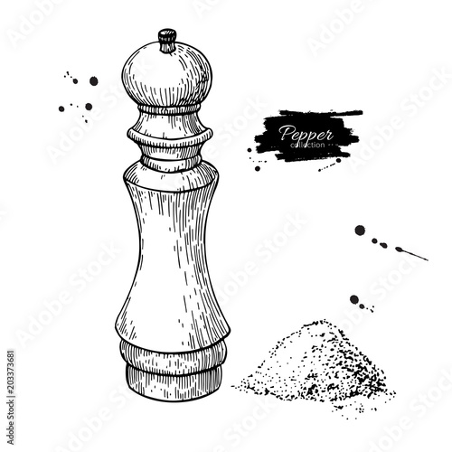 Pepper and salt mill vector drawing. Seasoning and spice grinder sketch. Black pepper shaker.