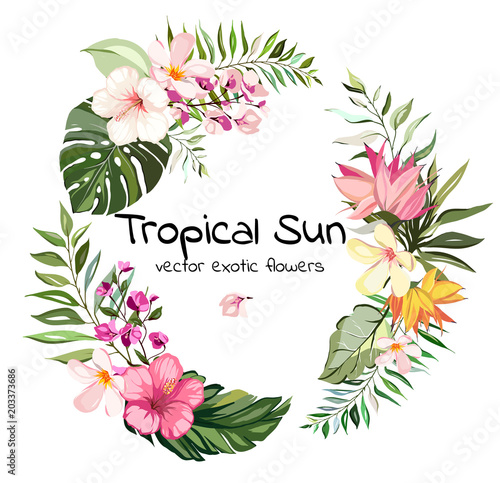 Round frame, wreath. Tropical vector flowers. card with floral illustration. exotic leaves, flowers. composition for invitation to party or holiday