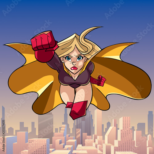 Front view full length illustration of determined and powerful superheroine wearing cape and red costume while flying over city.