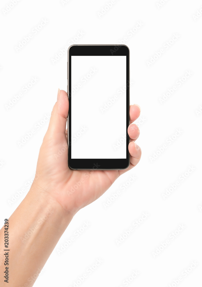 Woman hand holding smartphone isolated on white background.