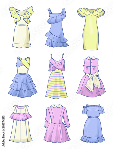 Set of cute short summer dresses, in Baby doll style, isolated on white background