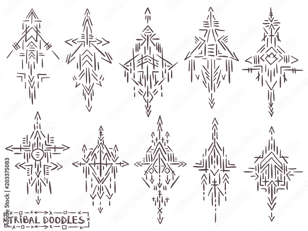 Naklejka premium Tribal elements doodle sketch ethnic symbols tattoo set 1