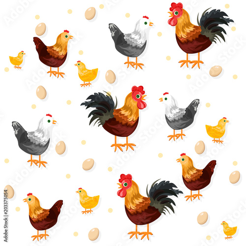 Rooster, chicken and eggs pattern Vector. Eco farmings