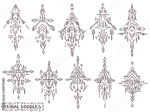 Tribal elements doodle sketch ethnic symbols tattoo set 1