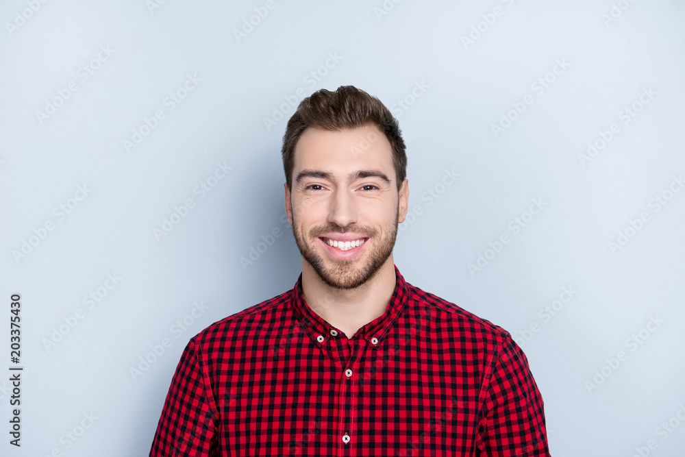 Close up portrait of cheerful excited joy fun enjoying rejoicing handsome confident attractive smart delightful it-specialist wearing casual clothes isolated on gray background copy-space Close up portrait of cheerful excited joy fun enjoying rejoicing handsome confident attractive smart delightful it-specialist wearing casual clothes isolated on gray background copy-space