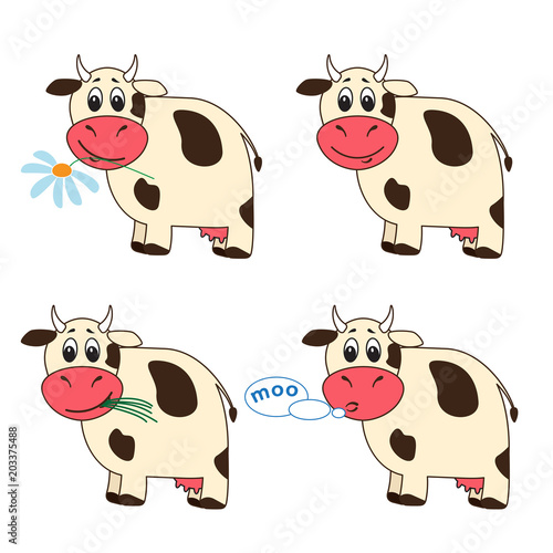 Set of four cartoon cows in different situations