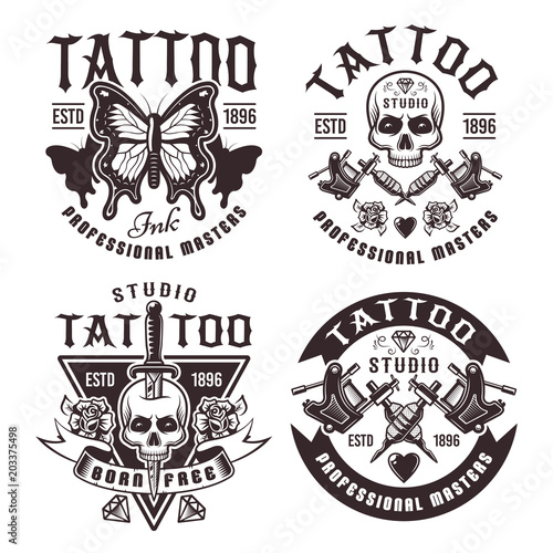 Tattoo studio set of four vector vintage emblems