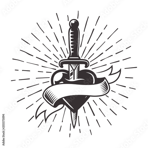 Knife in heart tattoo with blank ribbon for text