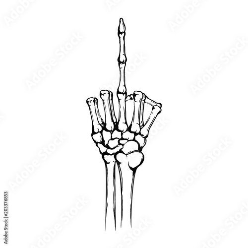 Hand of the skeleton with raised up middle finger. Rude gesture, fuck you, symbol. Hand drawn human hand with bones isolated on white background. Vintage grunge technique