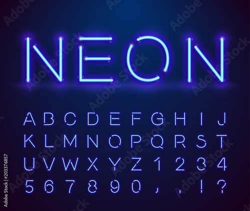 Set of letters in neon style. Vector font with light effect. Set of letters  numbers  text and font. Glow effect. Signboard Design.