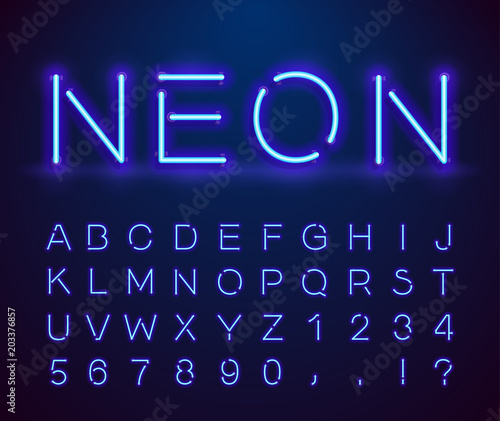 Set of letters in neon style. Vector font with light effect. Set of letters, numbers, text and font. Glow effect. Signboard Design.