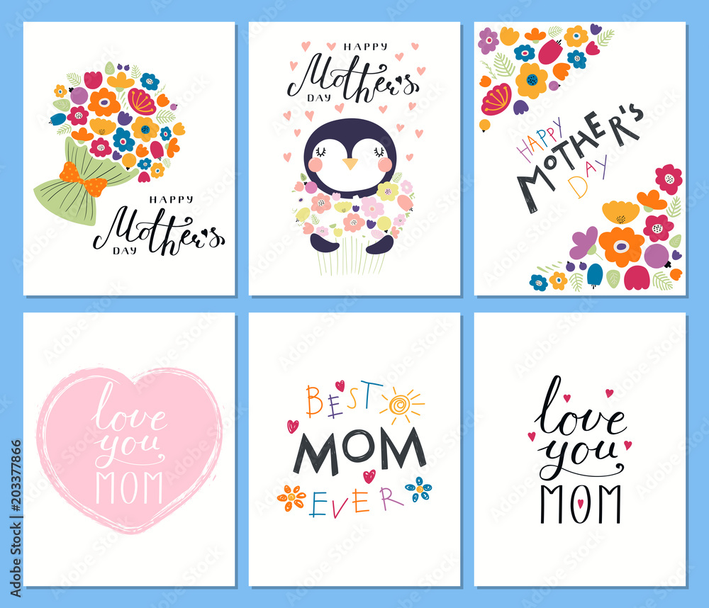 Set of Mothers Day cards templates with hand written lettering quotes, cute penguin with a bunch of flowers, hearts, childish drawings. Vector illustration. Design concept banner, postcard, gift tag. Set of Mothers Day cards templates with hand written lettering quotes, cute penguin with a bunch of flowers, hearts, childish drawings. Vector illustration. Design concept banner, postcard, gift tag.