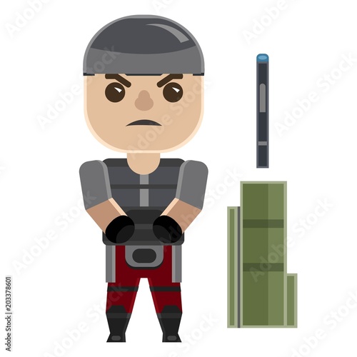 Angry cartoon soldier in uniform with gun
