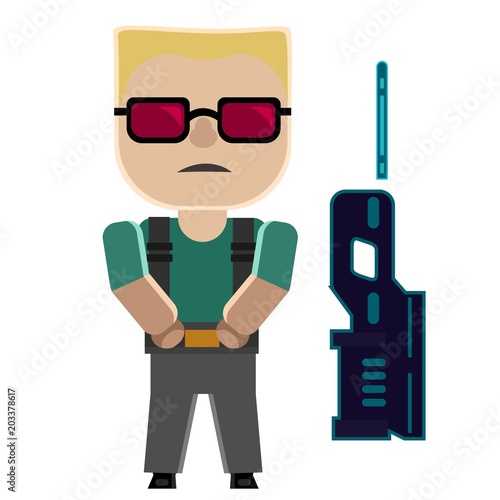 Cartoon soldier with cool hairstyle and sunglasses and gun