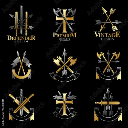 Vintage Weapon Emblems set. Heraldic Coat of Arms decorative emblems isolated vector illustrations collection.
