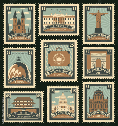Vector set of postage stamps on the travel theme with different historical architectural sights landmarks