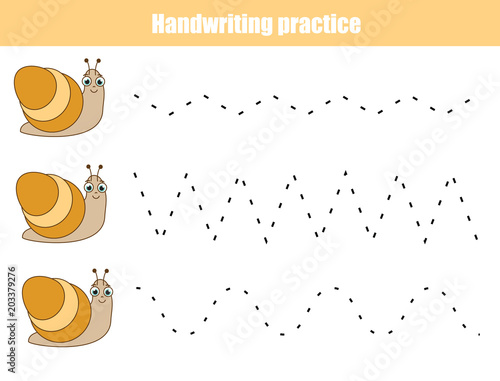 Handwriting practice sheet. Educational children game, printable worksheet for kids. Writing training printable worksheet. Snails and zig zag