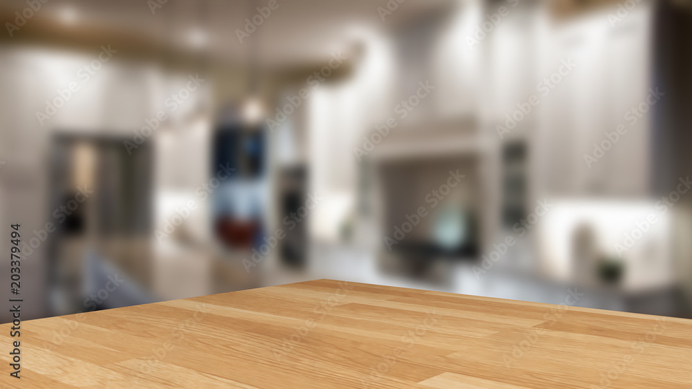 Empty wood table top on blur cafe (restaurant) selective focus.For montage product display.3d illustration 