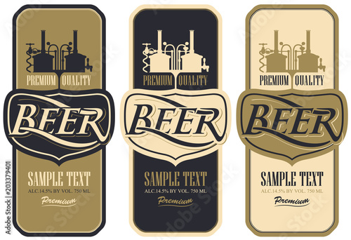 Vector set of three retro style beer labels with brewery production line