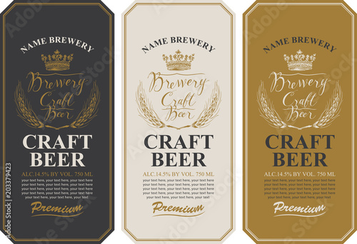 Set of three beer labels with wheat ears, handwritten inscriptions, crown and place for text. Vector labels or banners for craft beer and brewery in retro style